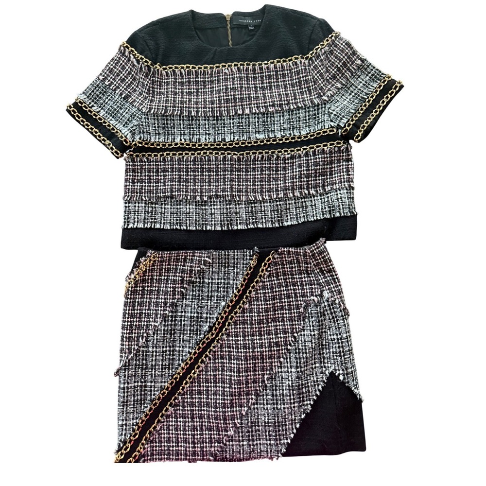 Endless Rose Tweed Crop Top and Skirt Size S Black Pink Gold Chain Preppy Edgy